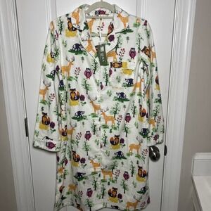 La Cera Forest Animals Long Sleeve Button Up Flannel Nightgown Pajamas Women's S